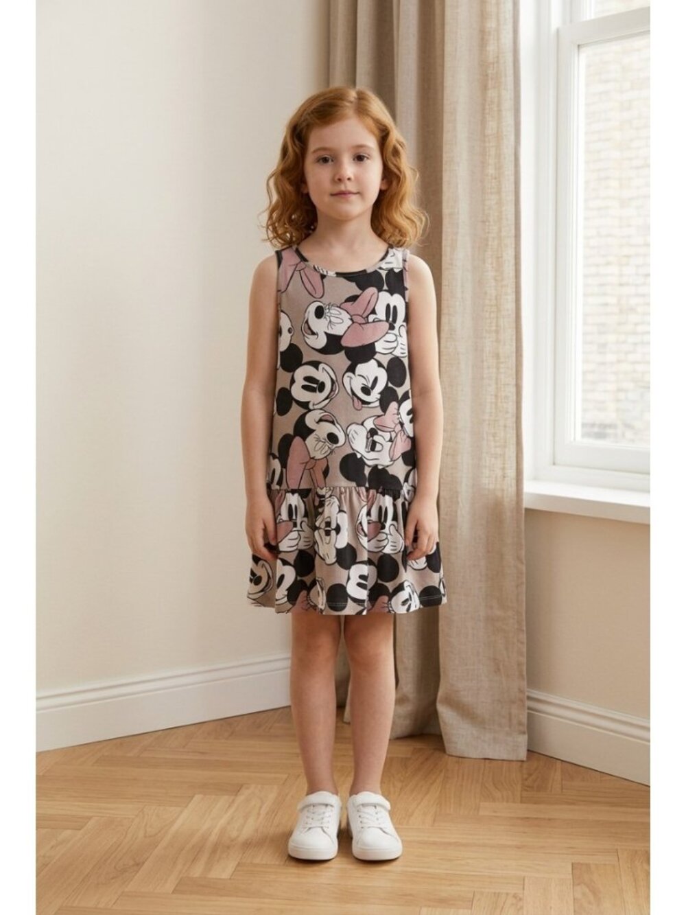 H&M Disney Girls Minnie & Mickey Mouse Print Drop-Waist Dress